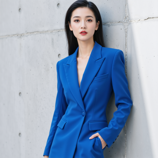 四十五岁左右中年女性头像，穿红色套装，黑色头发，蓝色背景，正式职业照，明亮自然光